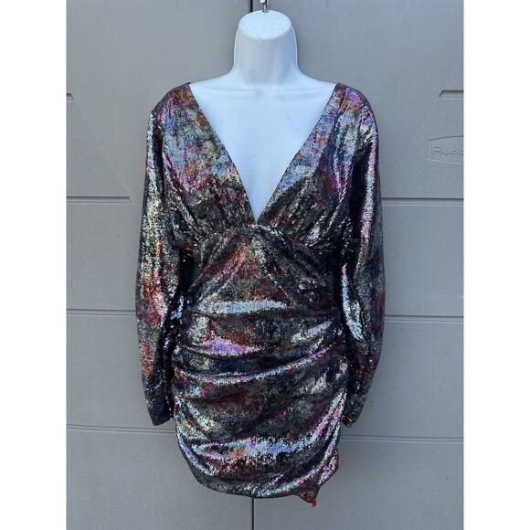 NWT Ramy Brook Auerbach Multicolor All Over Sequin Ruched Mini Dress Sz 10 $795 - Picture 2 of 16